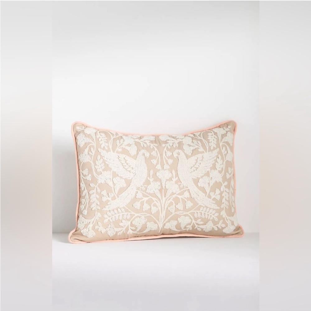 New Anthropologie Kenia Embroidered Floral Dove Indoor/ Outdoor Pillow